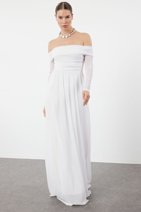 Trendyol Trendyol White A-Cut Carmen Neckline Tulle Long Evening Evening Dress