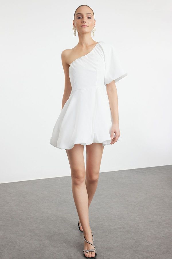 Trendyol Trendyol White A-Line Balloon Skirt Detailed One Shoulder Poplin Woven Short Dress