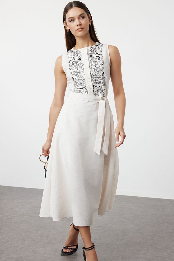 Trendyol Trendyol White Belted Embroidered Midi Woven Dress