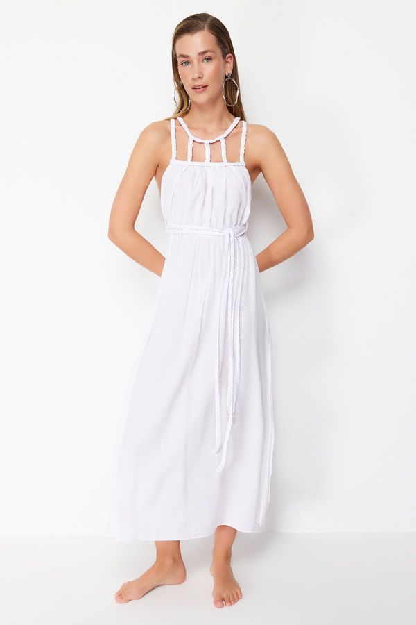 Trendyol Trendyol White Belted Maxi Woven Tied 100% Cotton Beach Dress