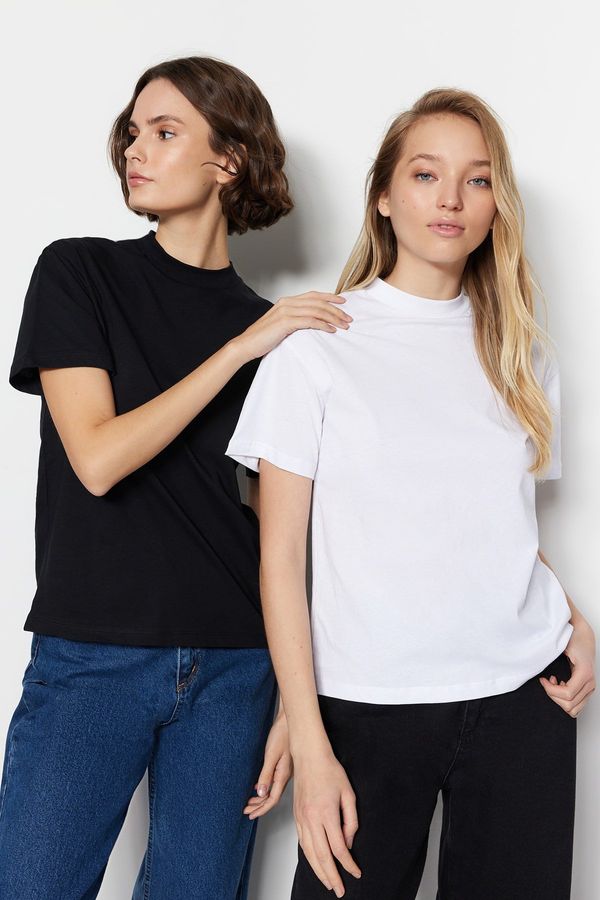 Trendyol Trendyol White-Black 2-Pack 100% Cotton Basic Stand-Up Collar Knitted T-Shirt