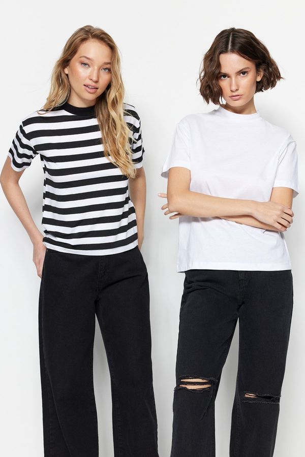 Trendyol Trendyol White-Black and White Striped 2-Pack Basic Stand Up Collar Knitted T-Shirt