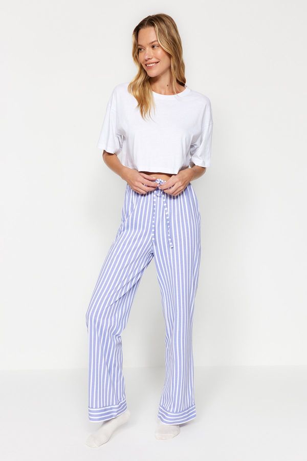 Trendyol Trendyol White Blue 100% Cotton Striped Knitted Pajamas Bottoms