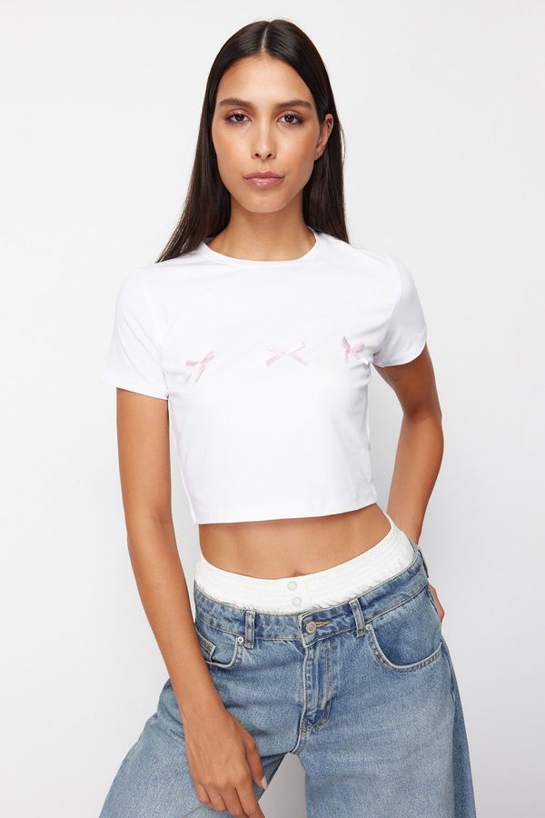 Trendyol Trendyol White Bow Detailed Crop Short Sleeve Knitted T-Shirt