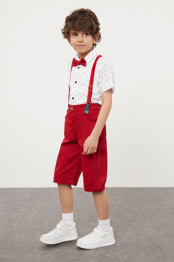Trendyol Trendyol White Boy's Patterned Bow Tie Woven Shirt and Salopette Set Top and Bottom Suit