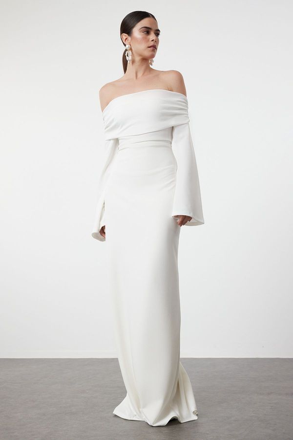 Trendyol Trendyol White Carmen Collar Knitted Long Evening Evening Dress