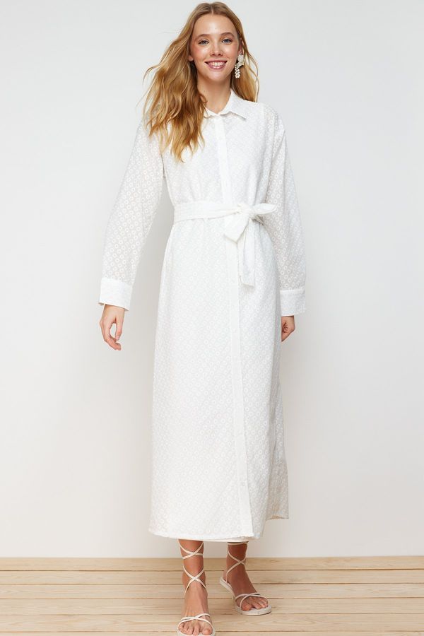 Trendyol Trendyol White Floral Belted Embroidery Lined Woven Shirt Dress