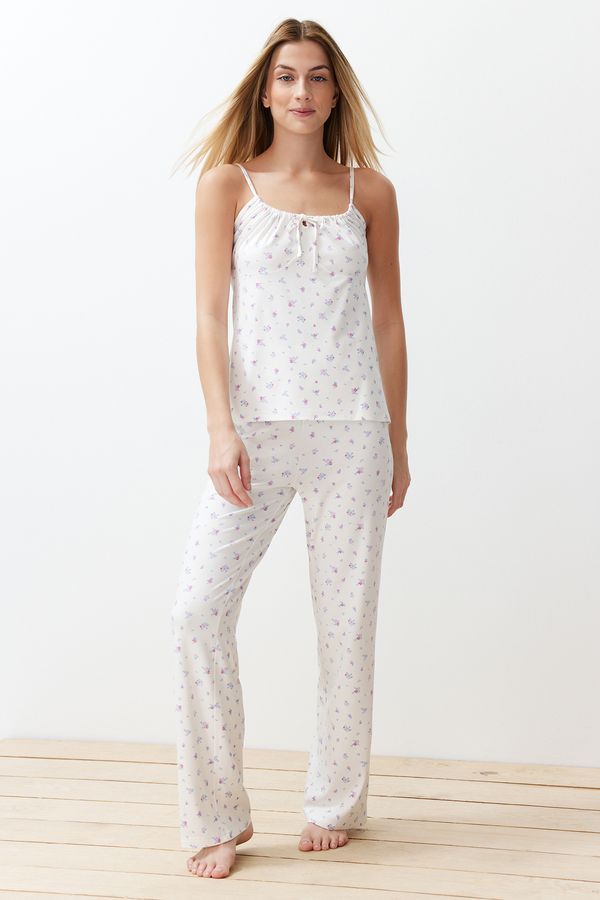 Trendyol Trendyol White-Multicolor Floral String Strap Knitted Pajama Set