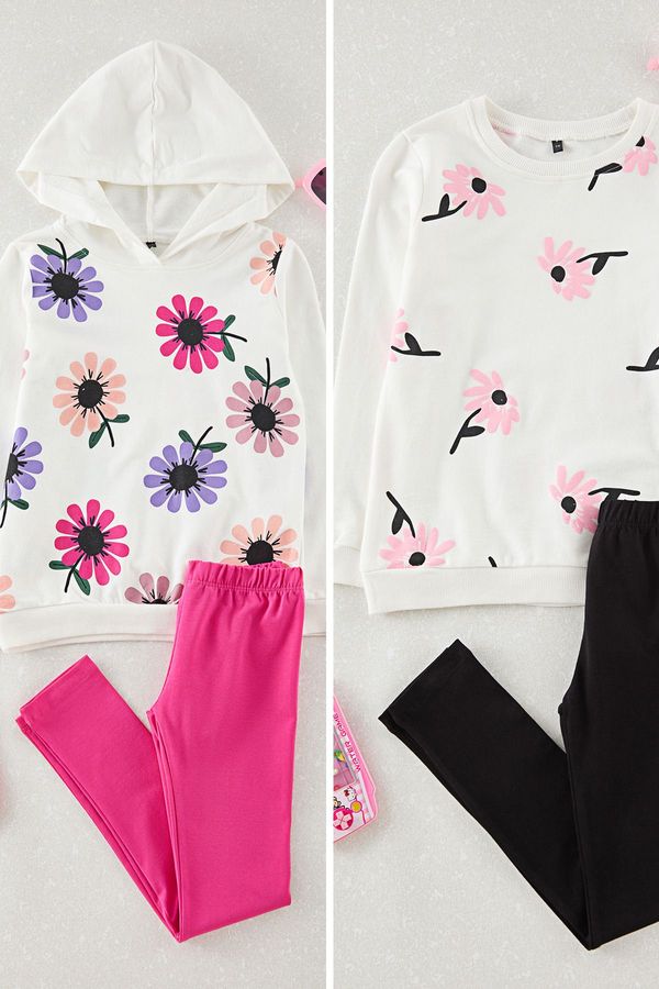 Trendyol Trendyol White-Multicolored 4-Piece Girls Floral Knitted Bottom-Top Set