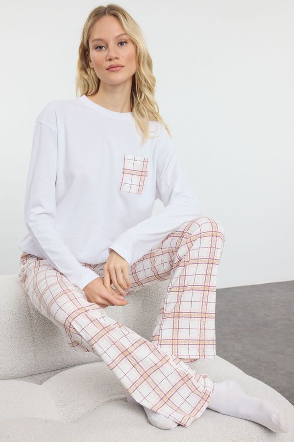 Trendyol Trendyol White-Multicolored Cotton Plaid Pocket Detailed Knitted Pajama Set