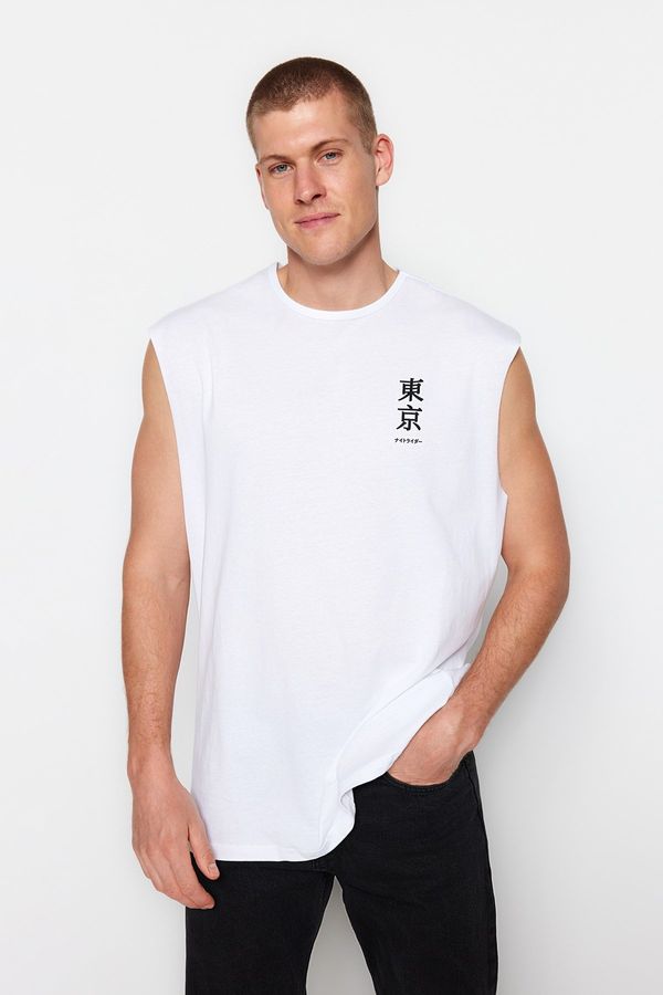 Trendyol Trendyol White Oversize/Wide Cut Text Printed 100% Cotton Sleeveless T-Shirt/Sleeve