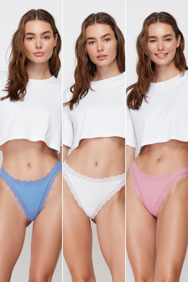 Trendyol Trendyol White-Pink-Blue 3 Pack 100% Cotton Corded Lace Detailed String Knitted Panties