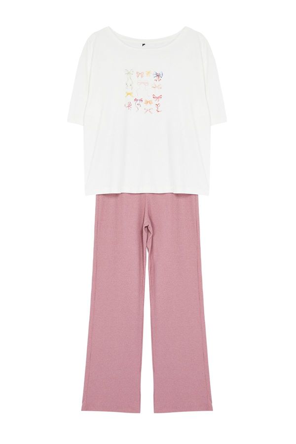 Trendyol Trendyol White-Pink Cotton Ribbon/Bow Printed Top Jersey Bottom Camisole Knitted Pajama Set