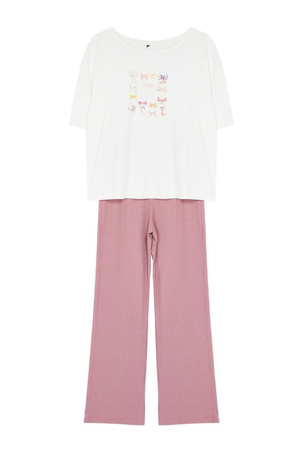 Trendyol Trendyol White-Pink Printed Single Jersey Knitted Pajama Set
