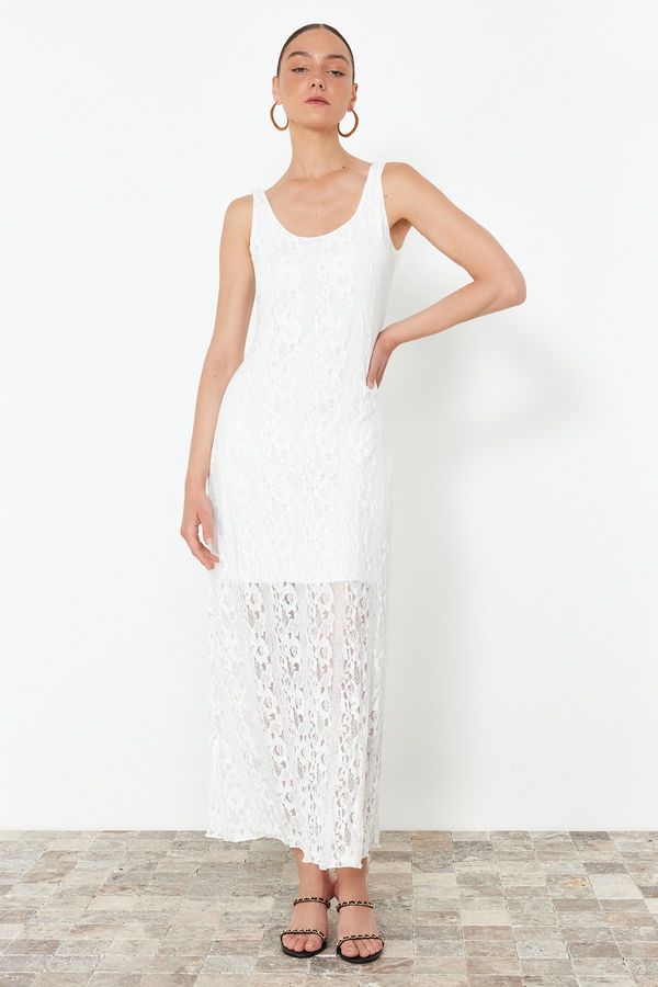 Trendyol Trendyol White Pool Neck Lace Lining Stretchy Knitted Maxi Dress