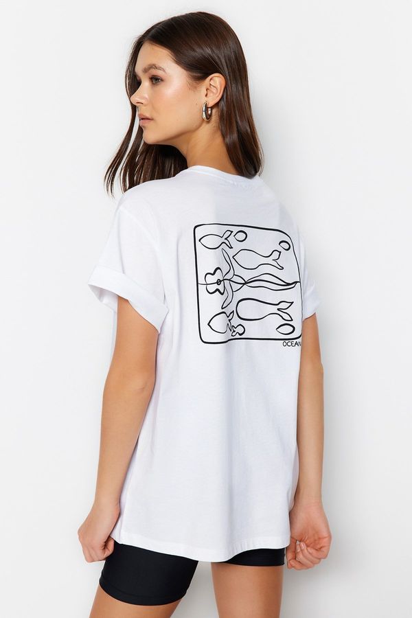 Trendyol Trendyol White Printed Oversize/Wide Fit Knitted T-Shirt