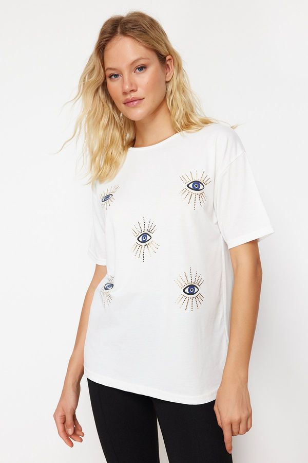 Trendyol Trendyol White Printed Relaxed/Comfortable Cut Evil Eye Beaded Knitted T-Shirt