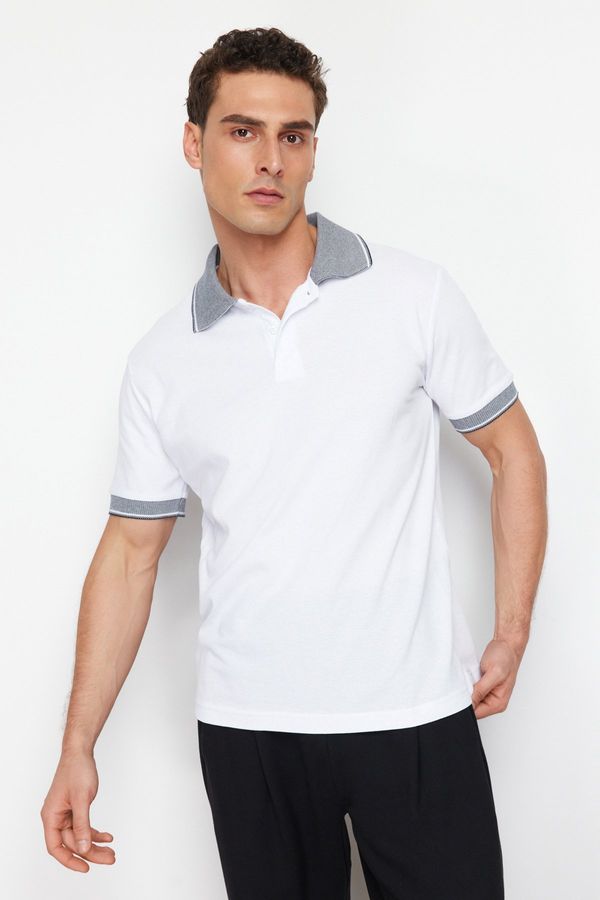Trendyol Trendyol White Regular Cut Textured 100% Cotton Polo Neck T-shirt