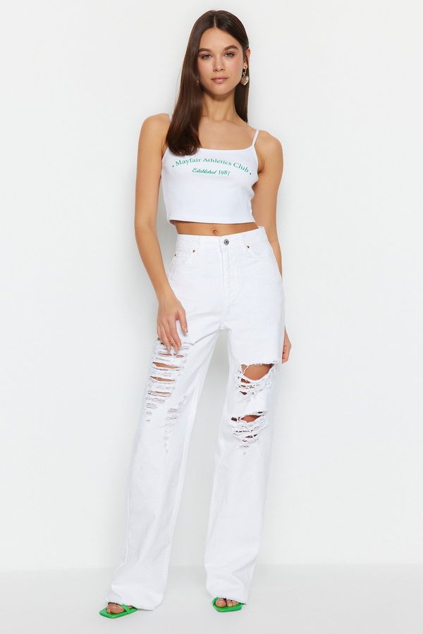 Trendyol Trendyol White Ripped High Waist Wide Leg Jeans