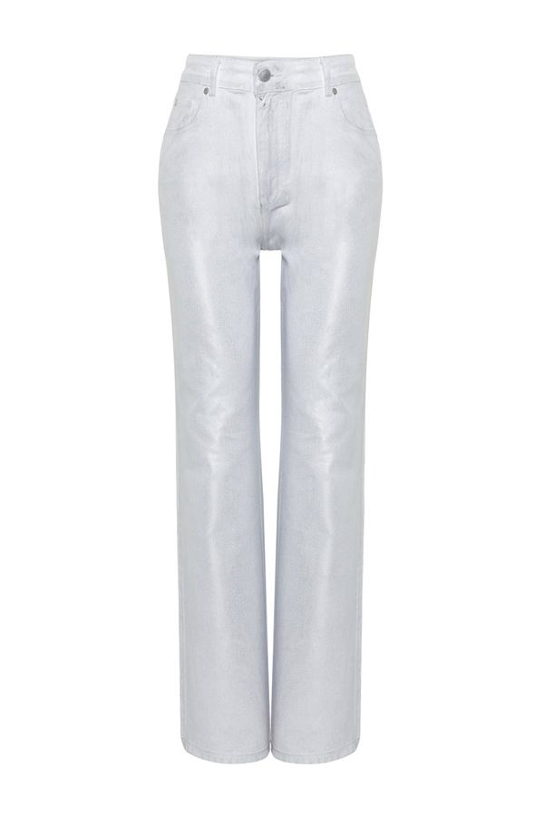 Trendyol Trendyol White Shiny Metallic Printed High Waist Wide Leg Jeans