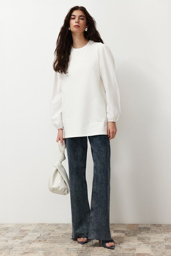 Trendyol Trendyol White Sleeve Poplin Detailed Knitted Sweatshirt