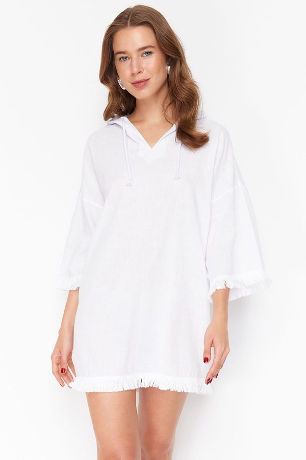 Trendyol Trendyol White Wide Fit Mini Woven Tasseled 100% Cotton Beach Dress