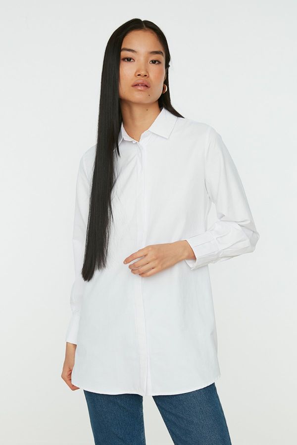 Trendyol Trendyol White Woven Cotton Shirt with Hidden Pocket