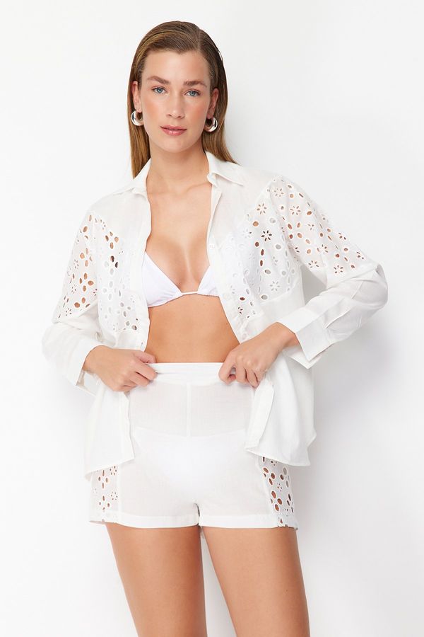 Trendyol Trendyol White Woven Embroidery 100% Cotton Shirt Shorts Set