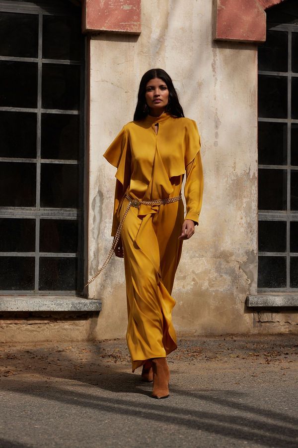 Trendyol Trendyol X AI Mustard Ruffle Satin Dress