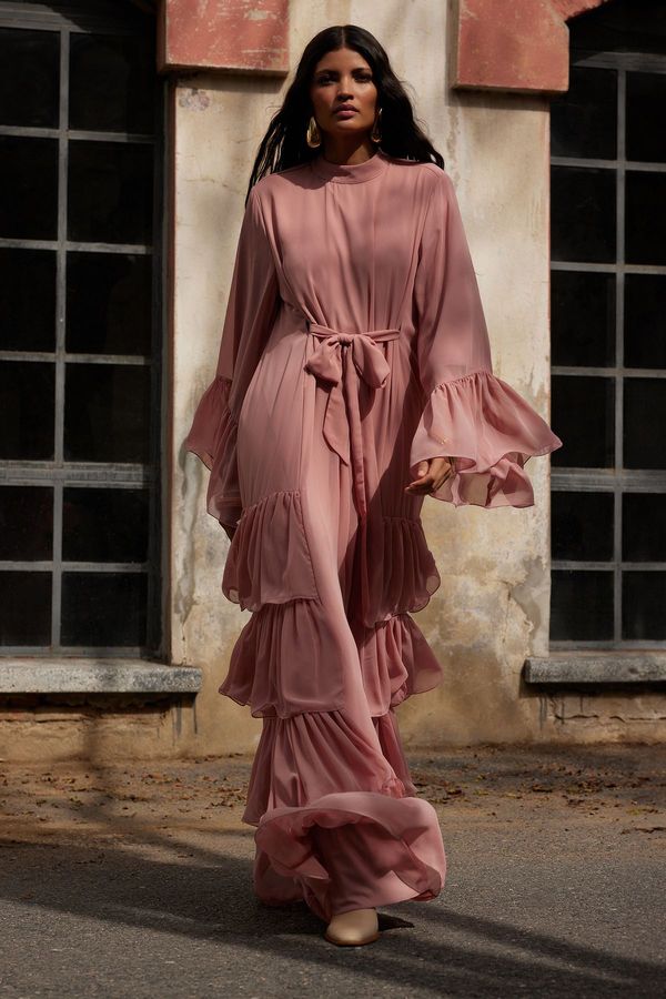 Trendyol Trendyol X AI Pink Ruffle Belted Evening Dress