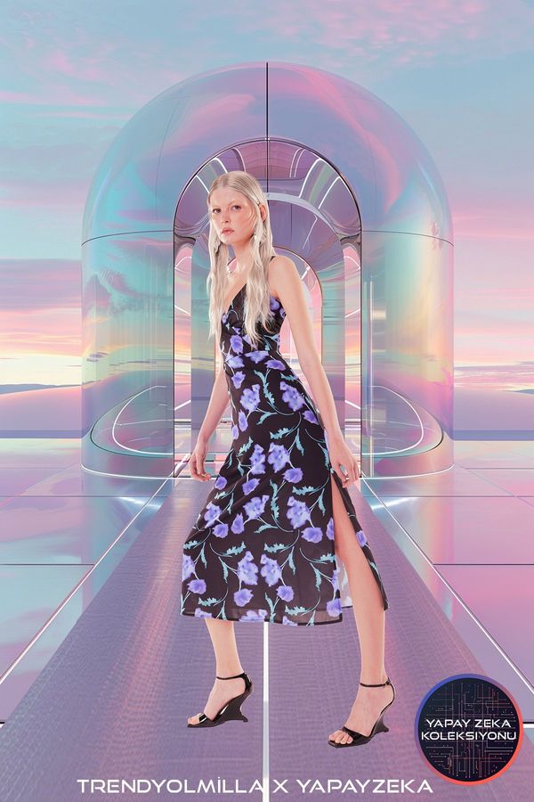 Trendyol Trendyol X Artificial Intelligence Multi -Color Flower Patterned A Cut Maxi Woven Satin Dress