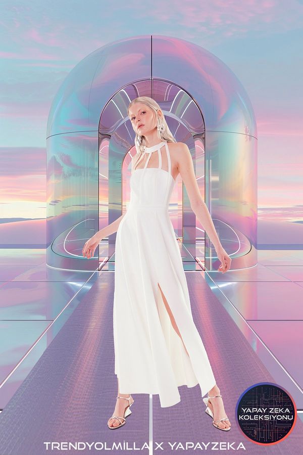 Trendyol Trendyol X Artificial Intelligence White Piping Detailed Woven Long Evening Evening Dress