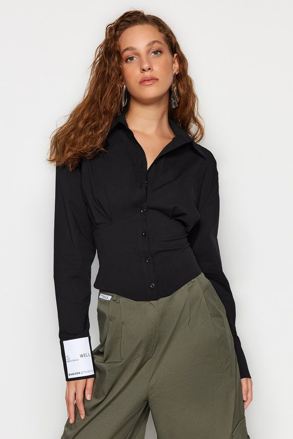 Trendyol Trendyol X Sagaza Studio Black Corset Detail Poplin Shirt