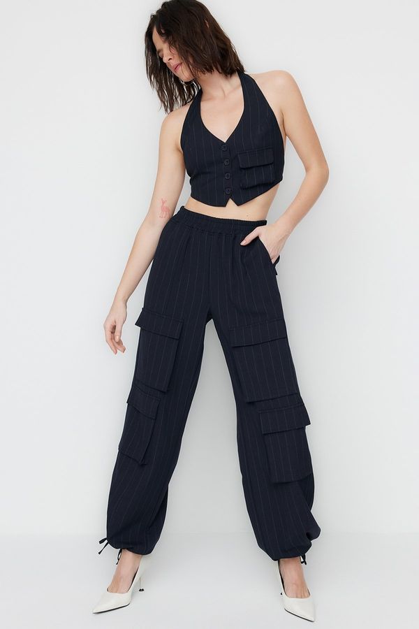 Trendyol Trendyol X Sagaza Studio Navy Blue Striped Cargo Pocket Detailed Trousers