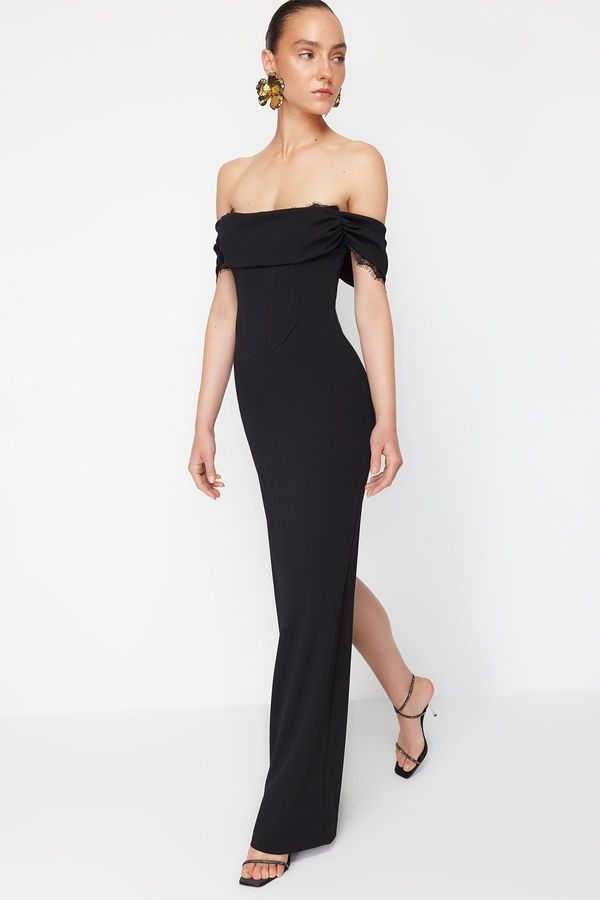 Trendyol Trendyol x Zeynep Tosun Black Knitted Carmen Collar Lace Long Evening Dress & Graduation Dress