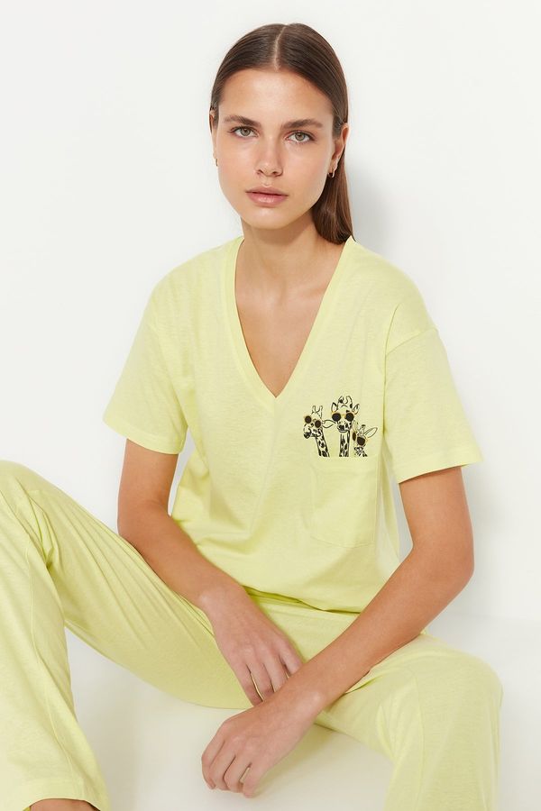 Trendyol Trendyol Yellow 100% Cotton Printed Pocket Detailed Wide Fit T-shirt Trousers Knitted Pajamas Set