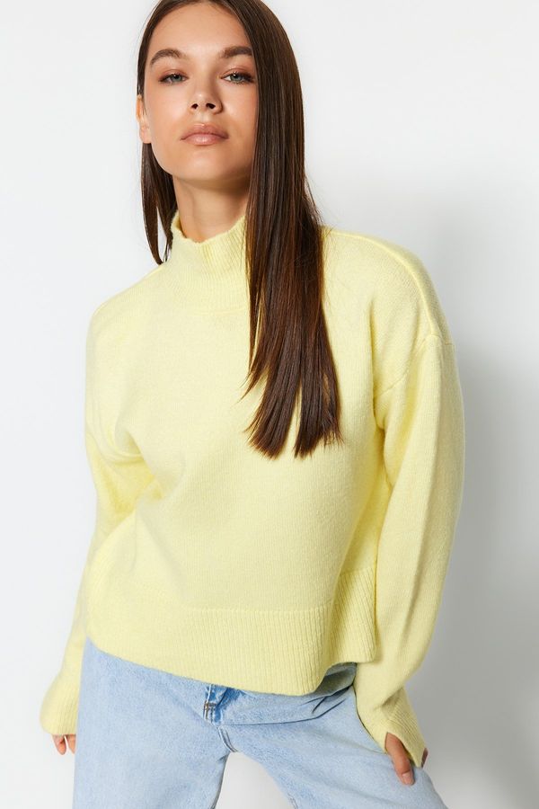 Trendyol Trendyol Yellow Basic Soft Textured Standing Collar With a Slit at the Ends of the Sleeves, Knitwear Sweater