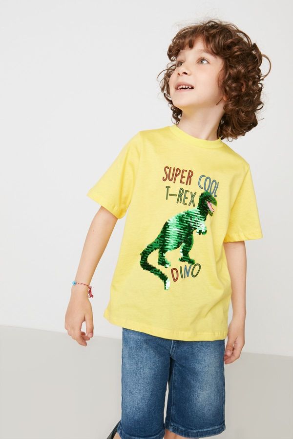 Trendyol Trendyol Yellow Boy Dinosaur Sequined Crew Neck Knitted T-Shirt