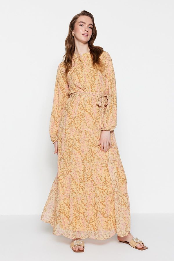 Trendyol Trendyol Yellow Floral Pattern Belted High Neck Lined Chiffon Woven Dress