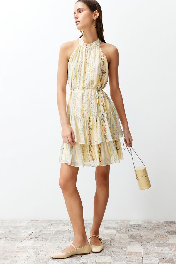 Trendyol Trendyol Yellow Floral Print A-Cut Layer Mini Lined Chiffon Woven Dress