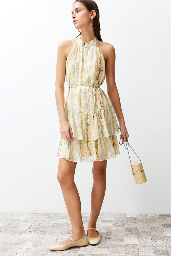 Trendyol Trendyol Yellow Patterned Halter Neck Tiered A-Line/A-Line Form Mini Lined Woven Dress