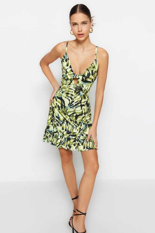 Trendyol Trendyol Yellow Printed Crepe Strappy Mini Knitted Dress