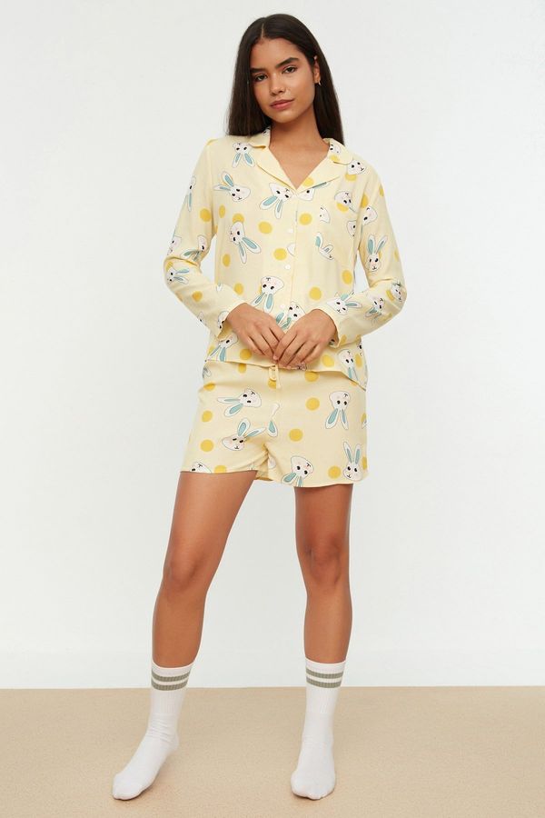 Trendyol Trendyol Yellow Rabbit Patterned Shirt-Shorts Woven Pajamas Set