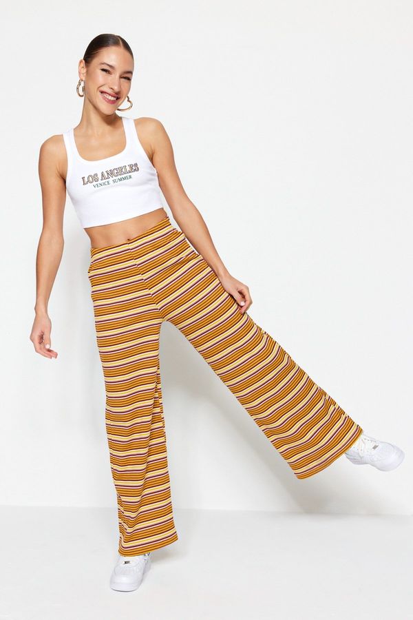 Trendyol Trendyol Yellow Striped Wide Leg/Casual Fit High Waist Corduroy Stretchy Knit Trousers