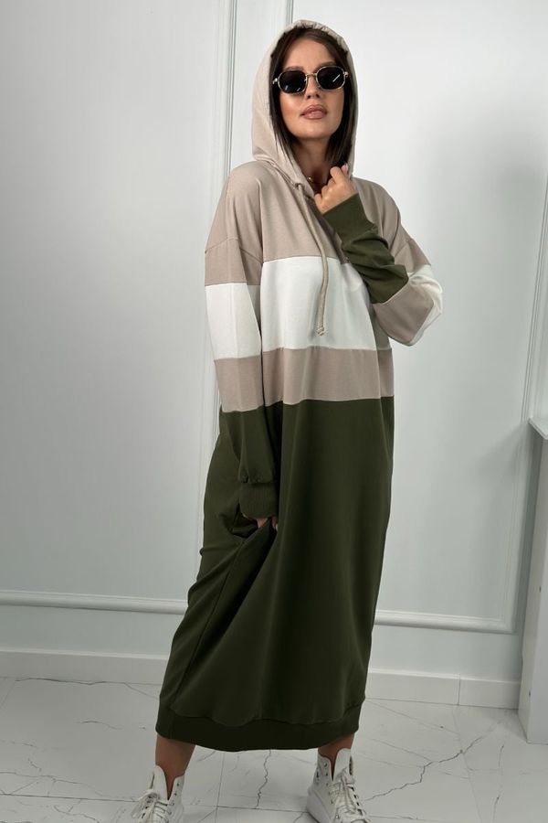 Kesi Tri-color dress with hood beige + ecru + khaki