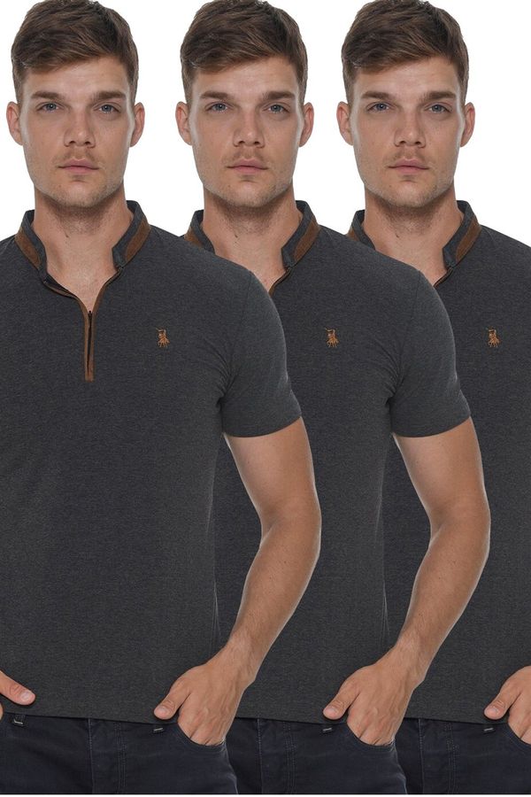 dewberry TRIPLE SET T8571 DEWBERRY ZIPPER MEN'S T-SHIRT-ANTHRACITE-ANTHRACITE-ANTHRACITE