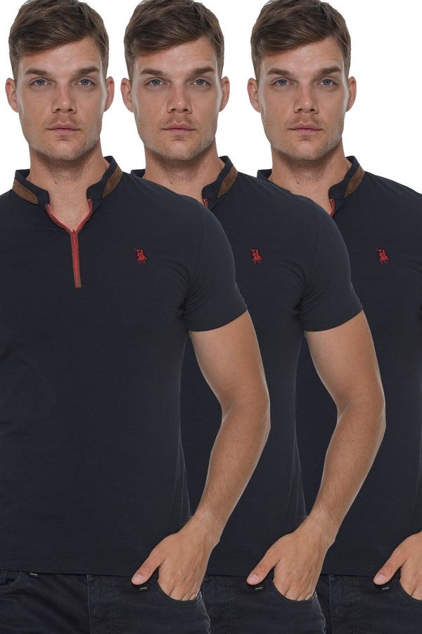 dewberry TRIPLE SET T8571 DEWBERRY ZIPPER MEN'S T-SHIRT-NAVY-NAVY-NAVY