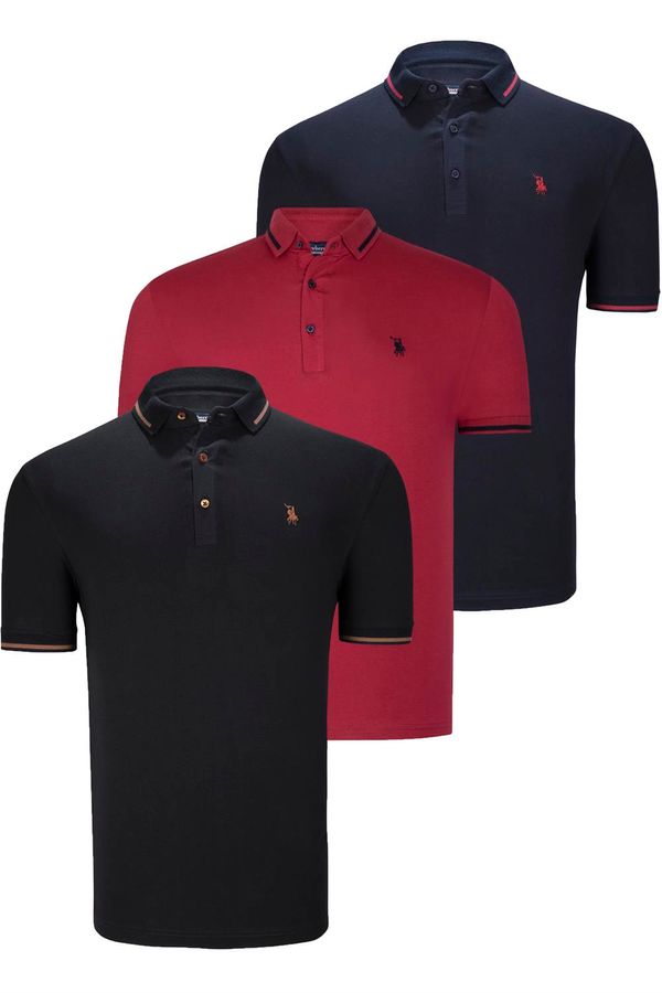 dewberry TRIPLE SET T8586 DEWBERRY MEN'S T-SHIRT-BLACK-NAVY-BURGUNDY