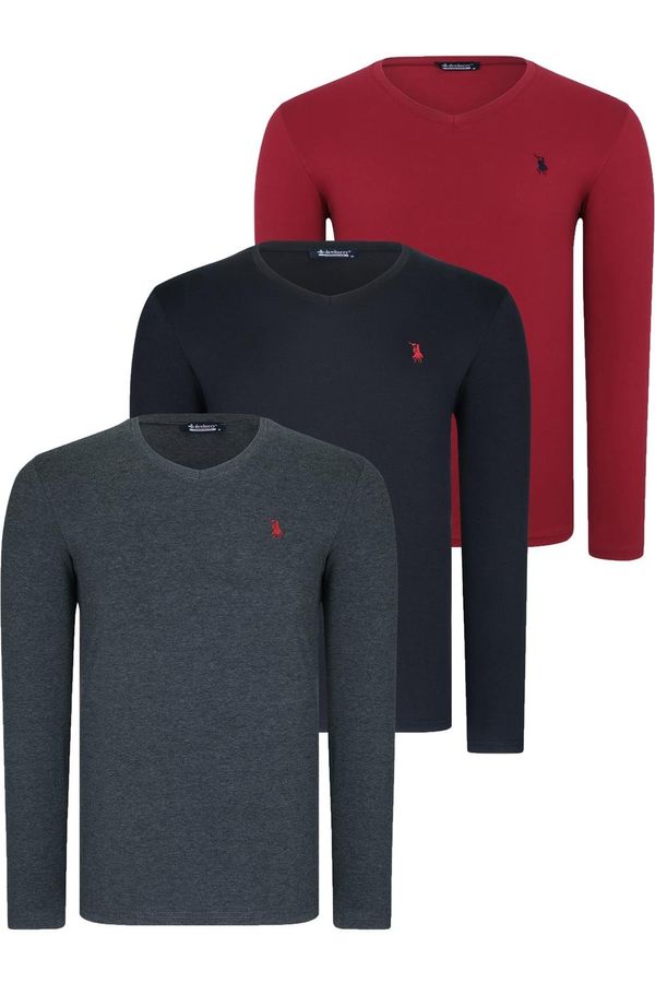 dewberry TRIPLE SET T8587 DEWBERRY V-NECK MEN'S SWEATSHIRT-BLACK-ANTHRACITE-BURGUNDY