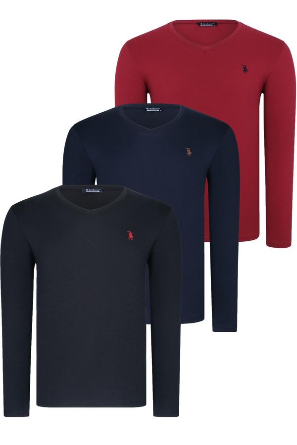 dewberry TRIPLE SET T8587 DEWBERRY V-NECK MEN'S SWEATSHIRT-BLACK-NAVY-BURGUNDY